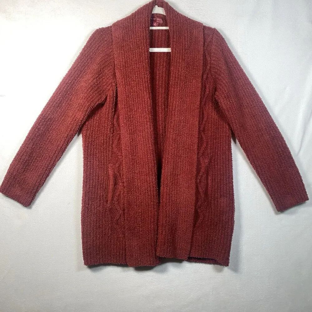 Barefoot Dreams CozyChic Open Front Cardigan Cable Knit Pockets Women’s S Rust